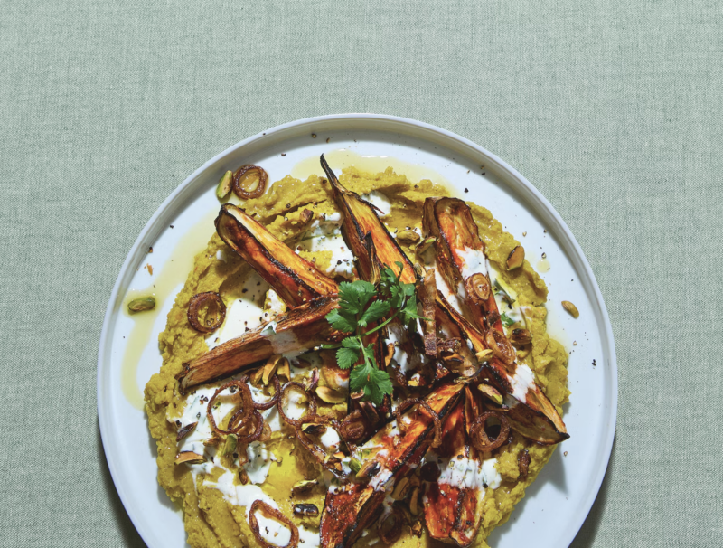 rodelinzen-polenta met aubergine en citroen-korianderyoghurt