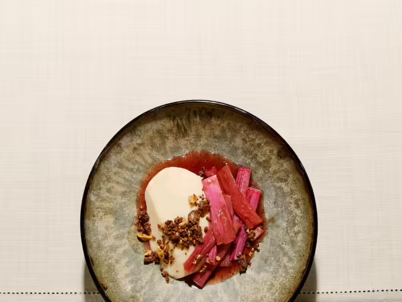 Rabarber met lobbige panna custard & crunch van gekarameliseerde witte chocola en zoute amandelen